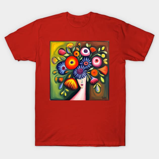 Woman with Cute Abstract Flowers Hair T-Shirt by bragova